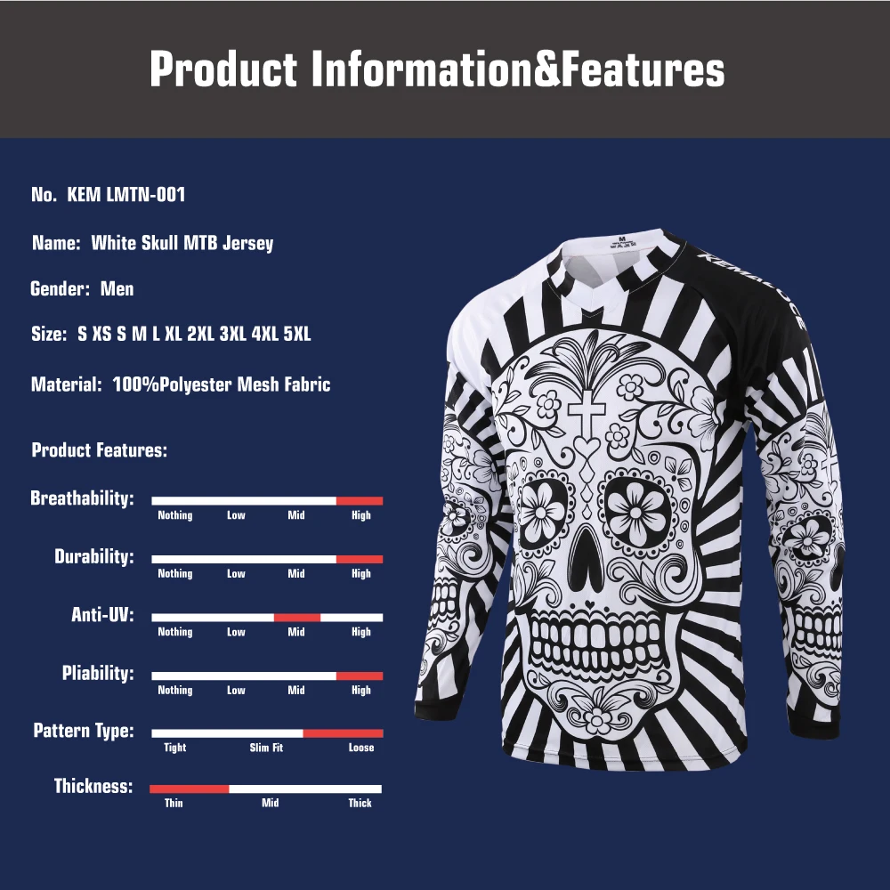 KEMALOCE Long Sleeve Men Mtb Jersey Quick Dry Sport Motocross Jersey White Skull BMX Bicycle Top Mountain Bike Shirt Uniform