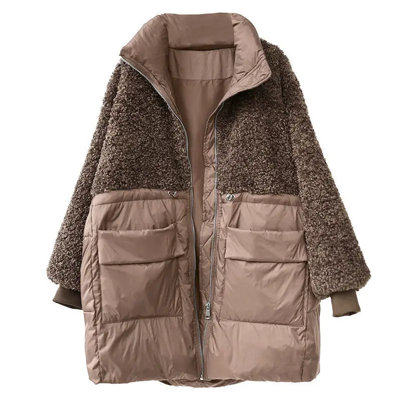 Winter Down Cotton Jacket Women Outerwear Stitching Lamb Wool Coat Thick Warm Fashion Waist Drawstring Overcoat Mother Clothes