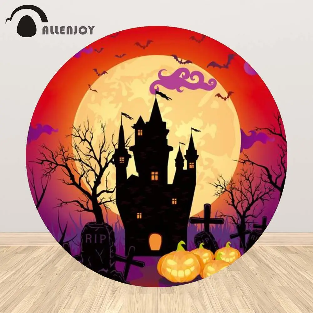 

Allenjoy Happy Halloween Circle Backdrop Dead Tree Grave Bats Cross Pumpkin Overcast Castle Party Supplies Custom Background