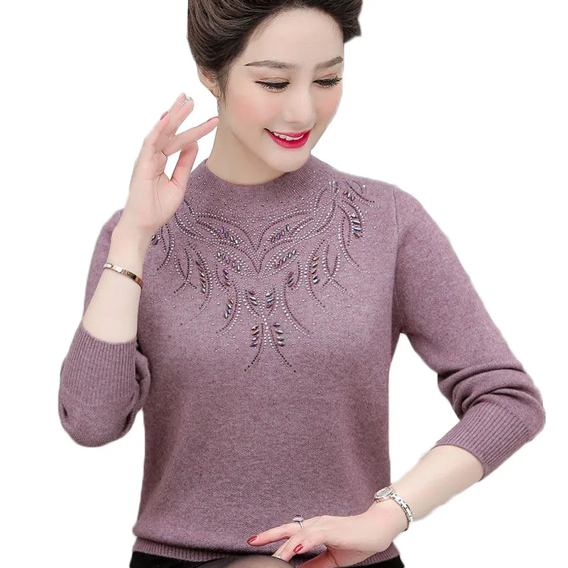 Middle-aged Women Half Turtleneck Sweaters Autumn Winter Thick Warm Pullovers Knitted Jumper 5XL Beading Sweater W2269