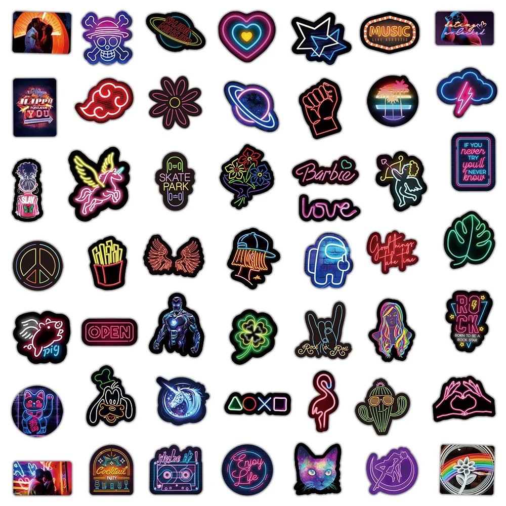 10/30/50PCS Neon Light Effect Cartoon Creative Motorcycle Computer Skateboard Luggage Waterproof Graffiti Stickers Wholesale