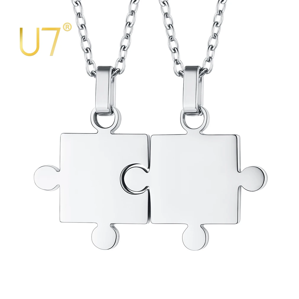 U7 Best Friend Necklaces for 2 Girls Stainless Steel Friendship Sibling Jewelry Novelty Stitching Puzzle Pendant Set Men Women