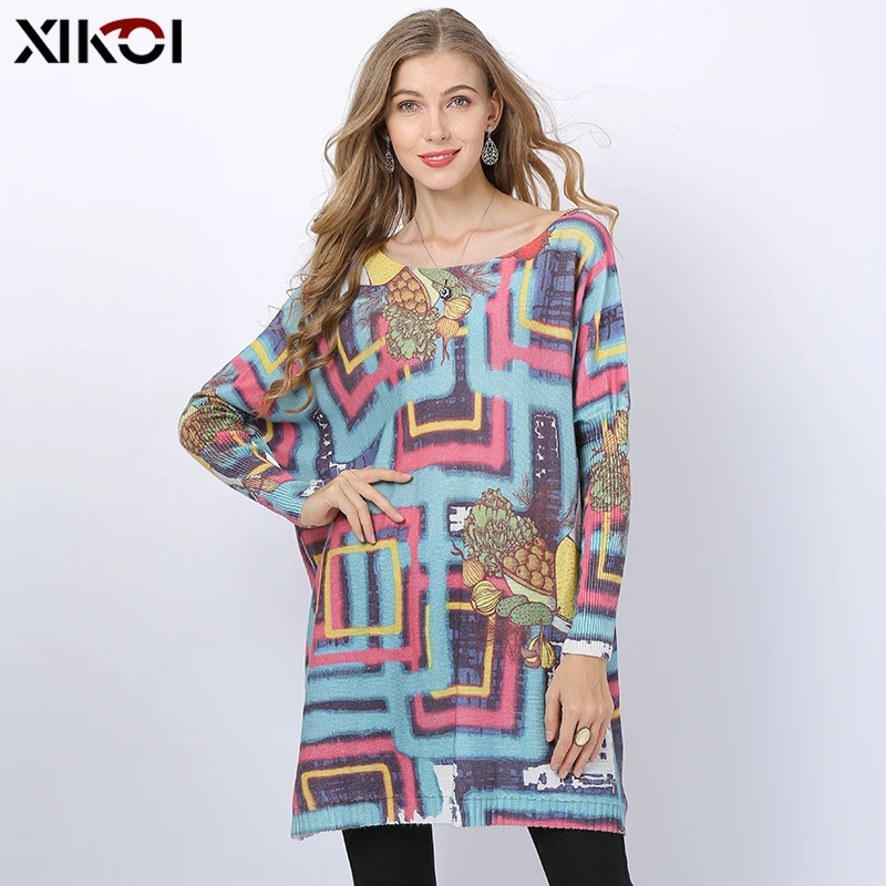 New Novel Fruit Maze Knitted Sweater Women Winter Jumper Patchwork Print Oversized Dress O-neck Wool Pull Femme Loose Pullovers