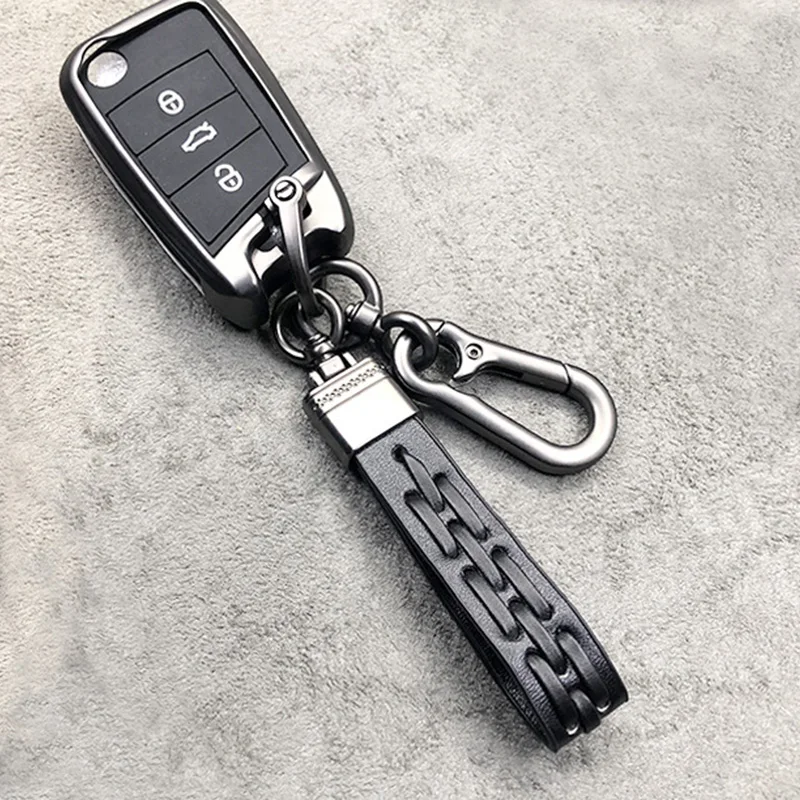 상단 블랙 키 링 말굽 버클 자동 키 체인, 수직 꼰 남자 pu 가죽 손목 스트랩 자동차 키 체인 패션 허리 장식