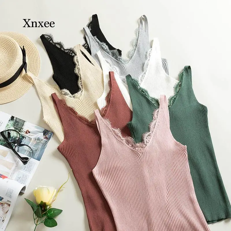 Sexy V-Neck Lace Camis Vest Slim Tops Fashion Woman Clothes Summer Fitness Tank Top Sleeveless Women Clothing Top