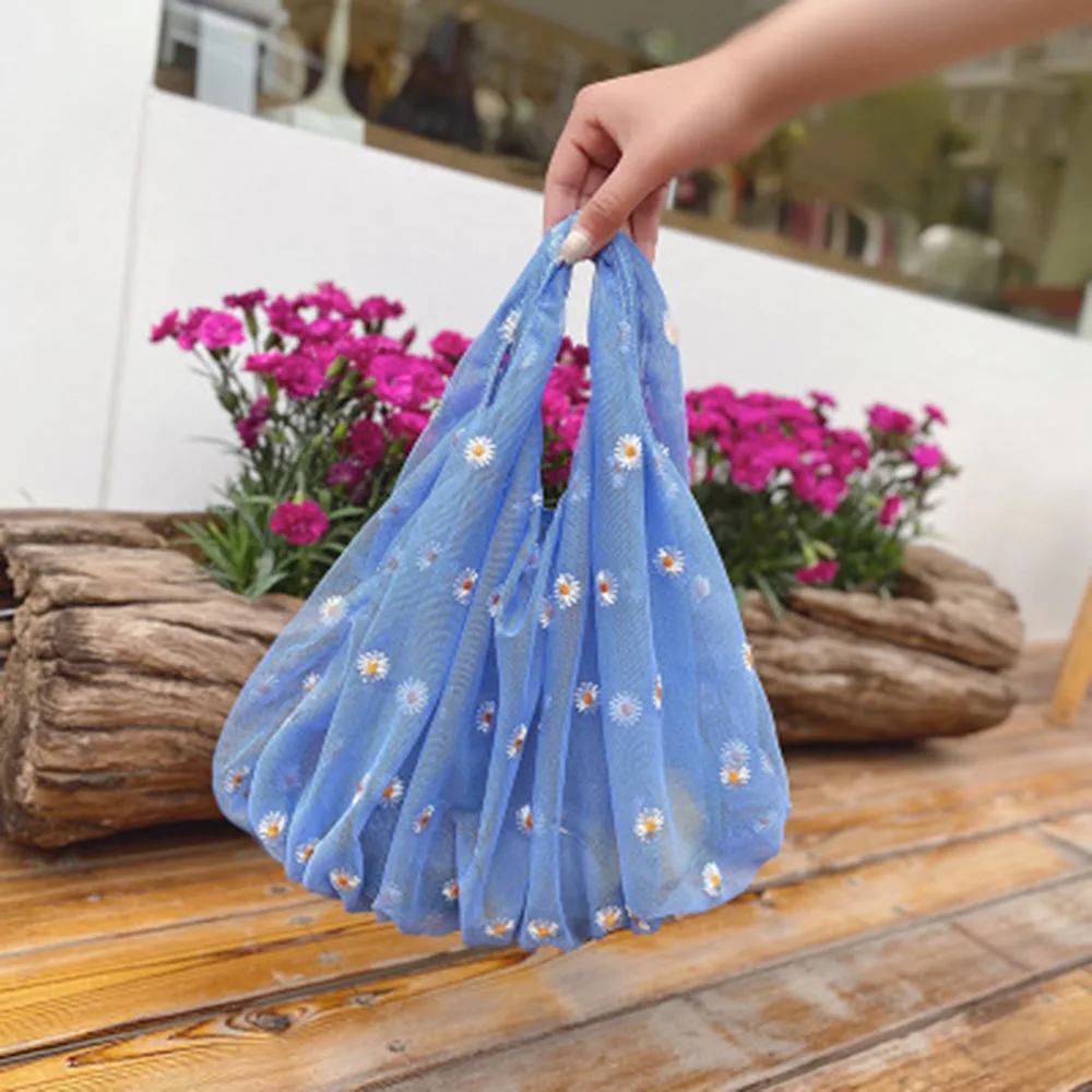 New Style Single Shoulder Bag Net Yarn Embroidery Small Daisy Cute Embroidery Shopping Bag Eco Friendly Handbag for Women Girls