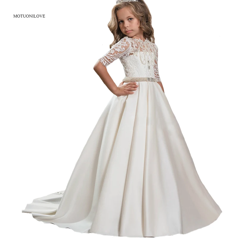 Half Sleeves Pearls Crystal Belt Elegant Buttons Children's Luxury Dress Kids Flower Girl Dress Party Gowns Robe De Soiree Fille