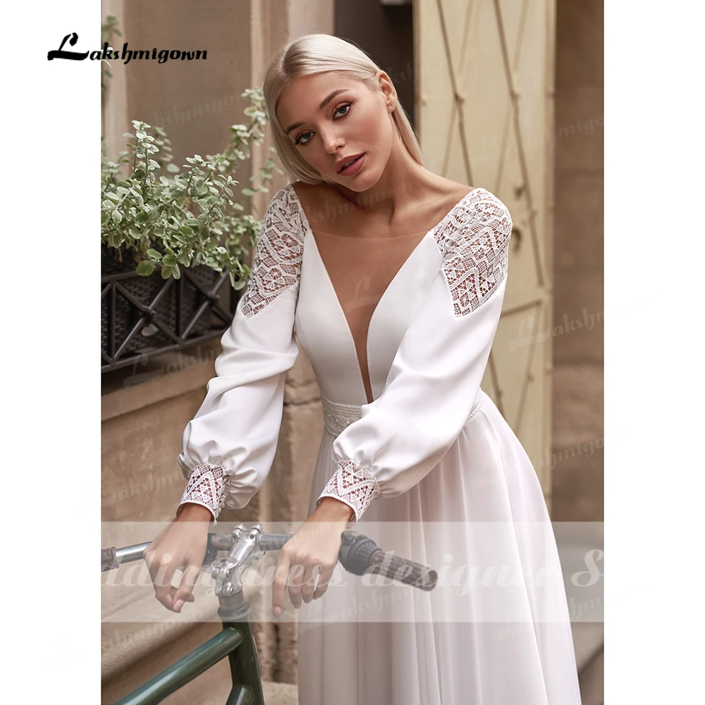 Robe de mariée à manches longues en mousseline de soie, style Boho, simple, col en V, coupe trapèze, pour la plage, 2024