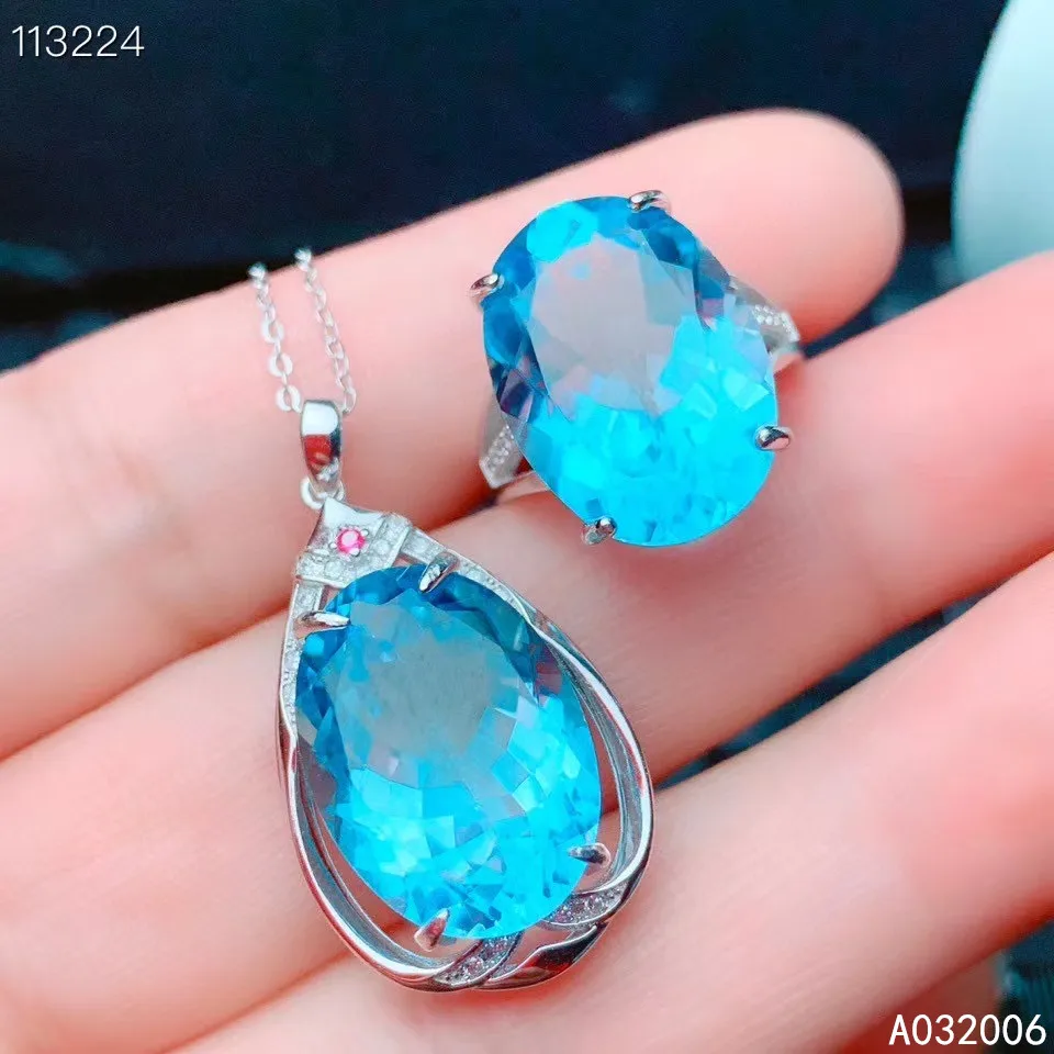 

KJJEAXCMY Fine Jewelry 925 Sterling Silver Inlaid Natural Blue Topaz Gemstone Fashion Set Support Test