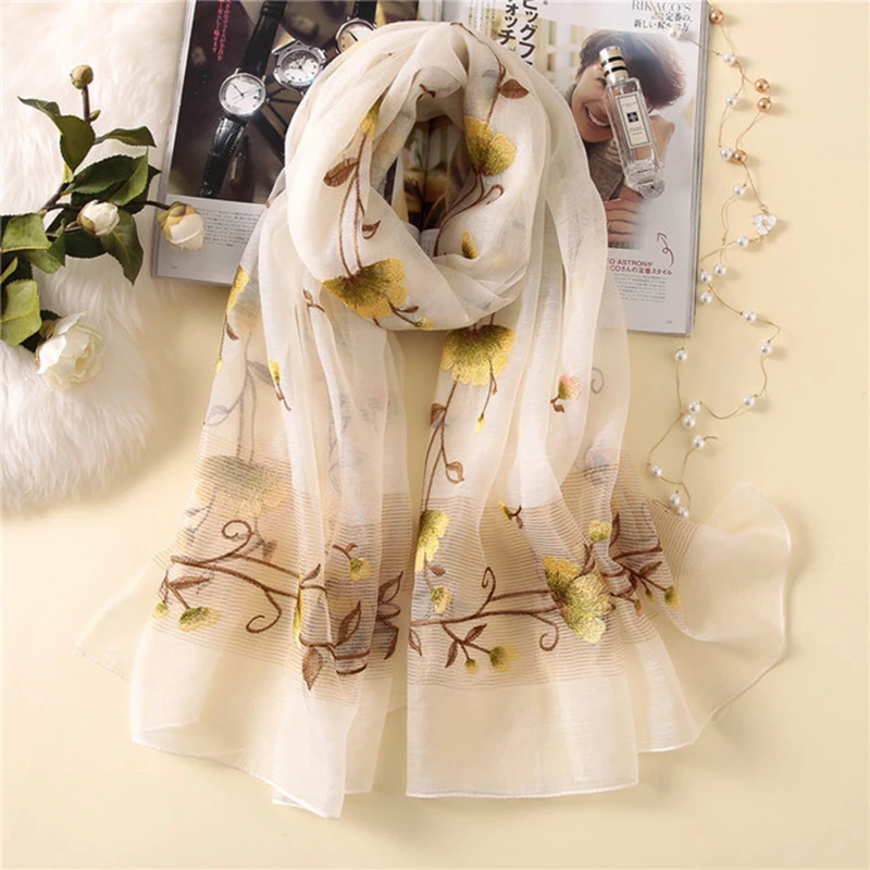 

Korean version wild silk embroidered scarf women spring and autumn oversized long wool flower scarf winter cheongsam dress shawl