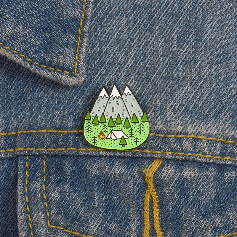 Cartoon Green enamel brooch animal frog cat alloy badge mountain peak leaves earth skeleton camera pin Fashion Clothes jewelry