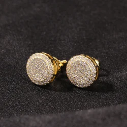 1Pair S925 Sterling Silver Geometric Round Stud Earrings Bling Ice Out Hip Hop CZ Earrings for Men Rapper Jewelry