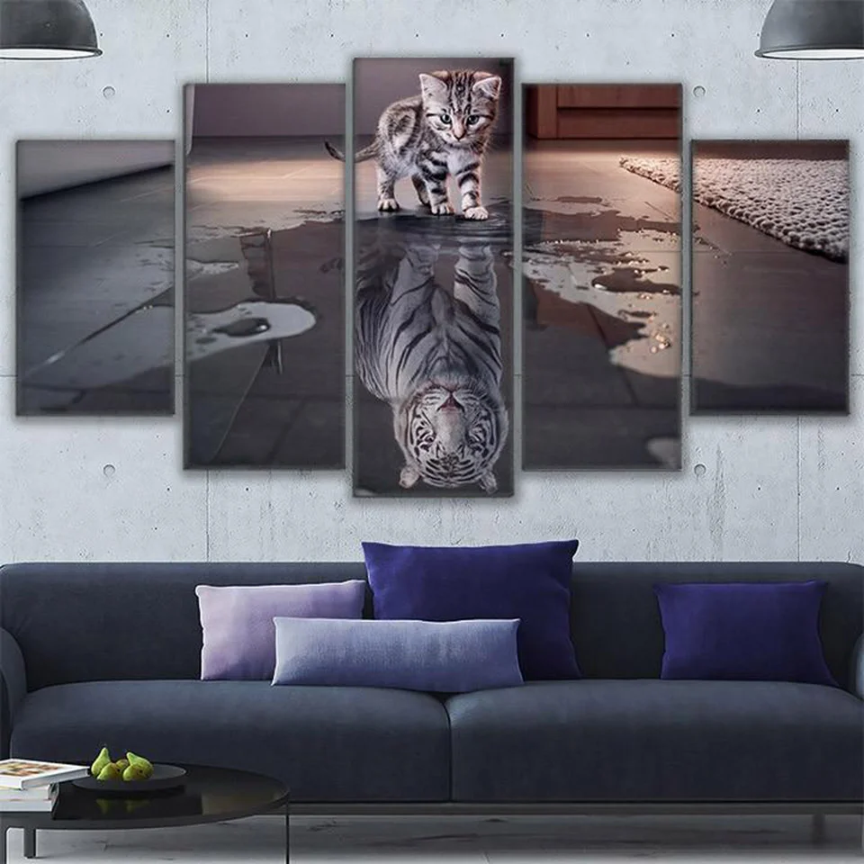 Wall Art Frame for Home Living Room, Nordic Decoration, 5 Panel Painting, Animal Cat New Canvas, Tiger Modular Picture, Poster