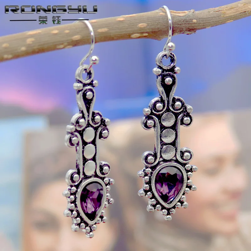 Rongrong European Fashion Retro Purple Crystal earrings Source of National Wind Court Ear Jewelry Wholesale