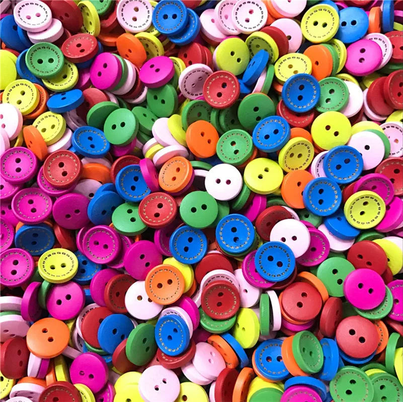 500PCS 2 Hole Mixed Cute Round Circular Colour Dotted-line Wooden Button DIY Hand-made Sewing Accessories 15MM 20MM 25MM