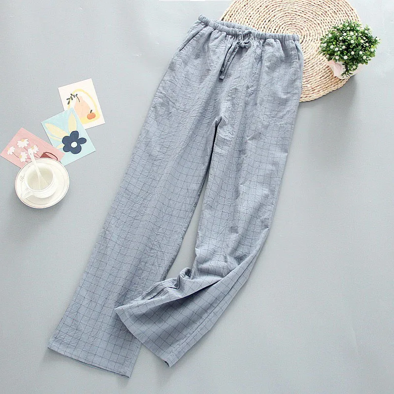 2022 Fall Women Simple Style Sleep Bottom Comfort Gauze Cotton Plaid Sleep Pants Ladies Loose Thin Elastic Waist  Homewear Pants