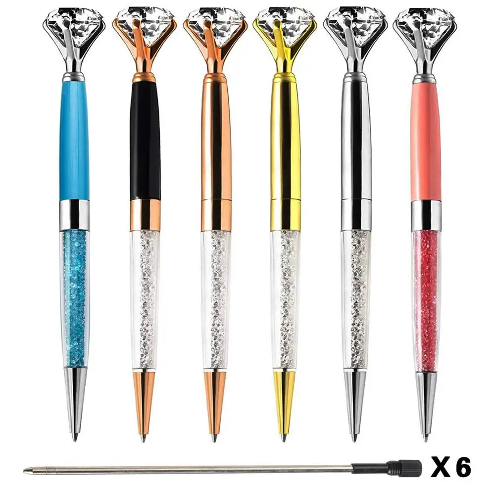 

6 Pcs Big Diamond Rhinestones Ballpoint Pens Crystal Metal Pens With 6 Pcs Refill Pen Code Black Ink For School Office Supplies