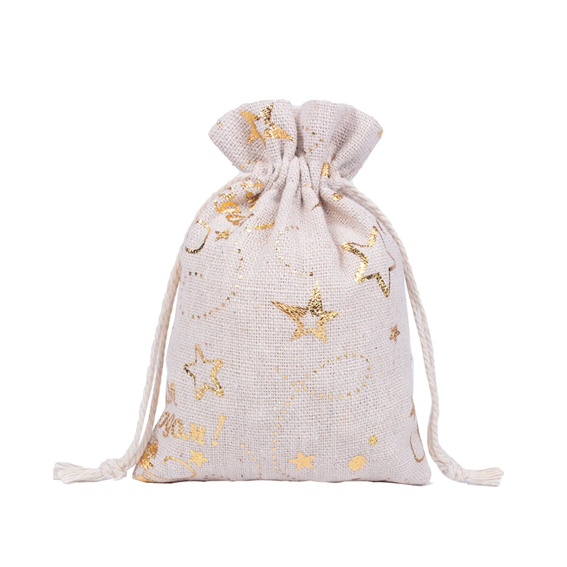 5Pcs New Design Gold Printing Cotton Burlap Pouch For Christmas Festival Drawstring Bag Party Decoration Sachet Can Print Logo