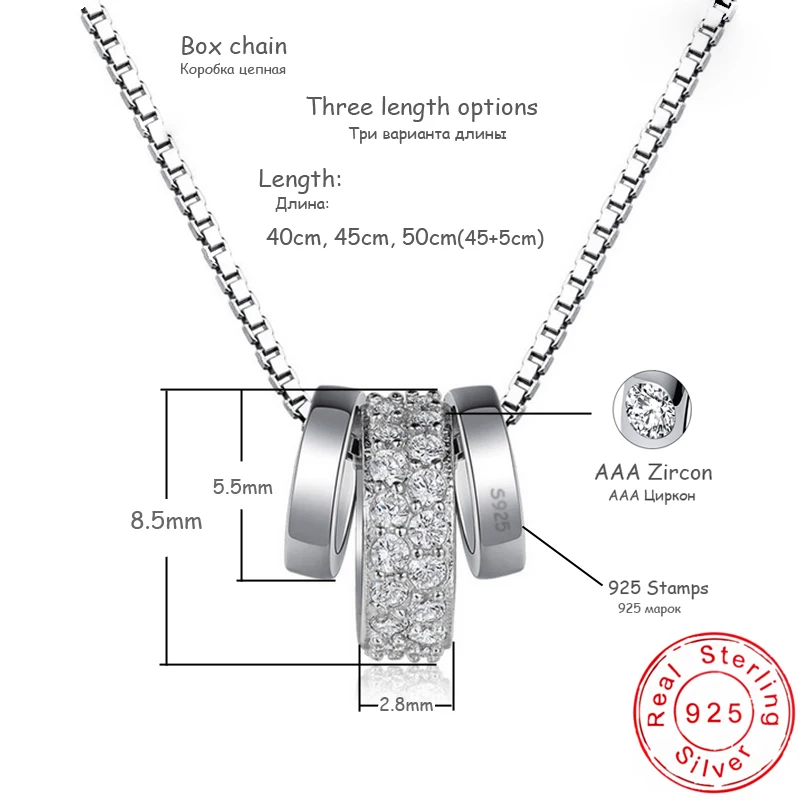 New Fashion Three Rotatable Round CZ Pendant Neckalces 925 Sterling Silver Lovely Rhinestone Circle Necklace Women Jewelry Gift