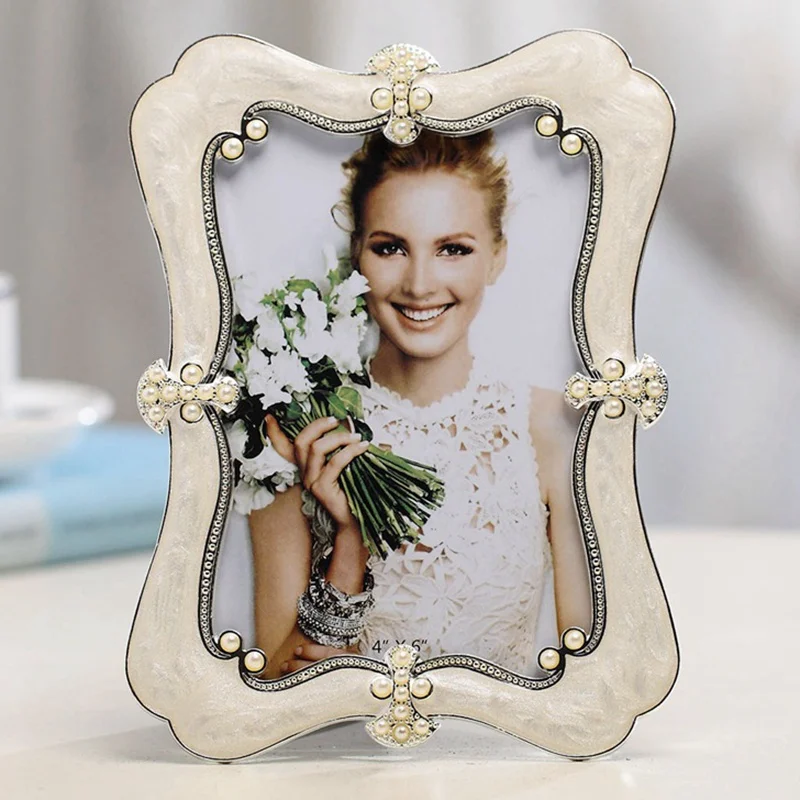 Antique Pewter White Pearls Metal Tabletop Photo Frame European Silver White Bronze Red 4x4, 4x6, 5x7, 8x10 inches Frame Set