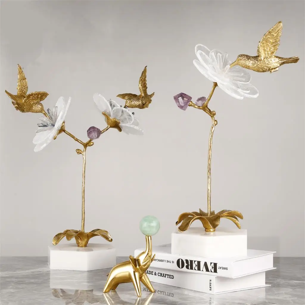 Blooming Flowers Natural Spar Petal With Copper Bird Marble Base Figurines Craft Ornament In Hotel Home Decor Accessories