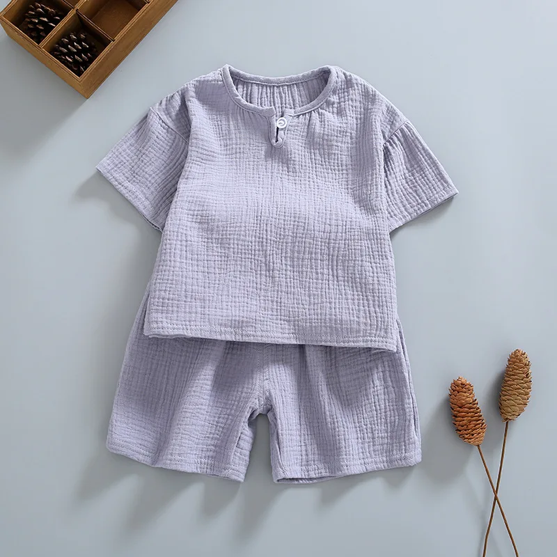 Summer Clothing Sets Organic Double Gauze Cotton Home Wear Kids Clothes Suit Summer Kids Pajama Short Sleeve Shorts Suit White