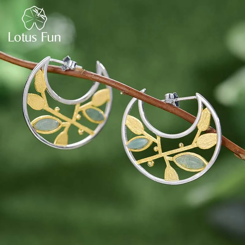 Lotus Fun Real 925 Sterling Silver Natural Stone Handmade Fine Jewelry Spring in the Air Leaves Hoop Earrings for Women Gift