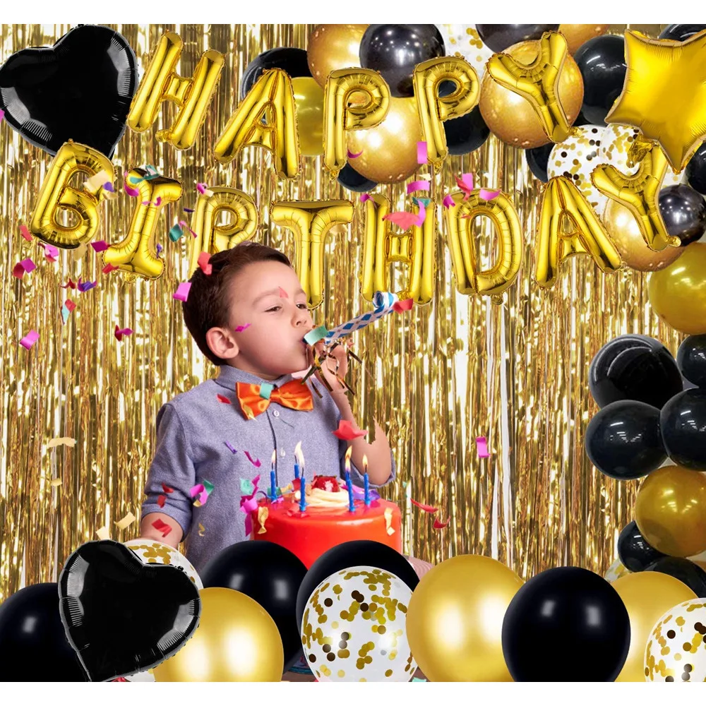 Set di decorazioni di compleanno in oro nero lettera palloncino di buon compleanno tenda di seta a pioggia Baby Shower palloncini per decorazioni