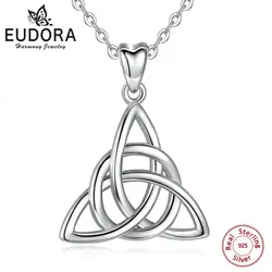 Eudora Real 925 Sterling Silver Triangle Celtics Knot Pendant Neckalce Women Fashion Sliver Jewelry for Birthday Gift Box CYD138