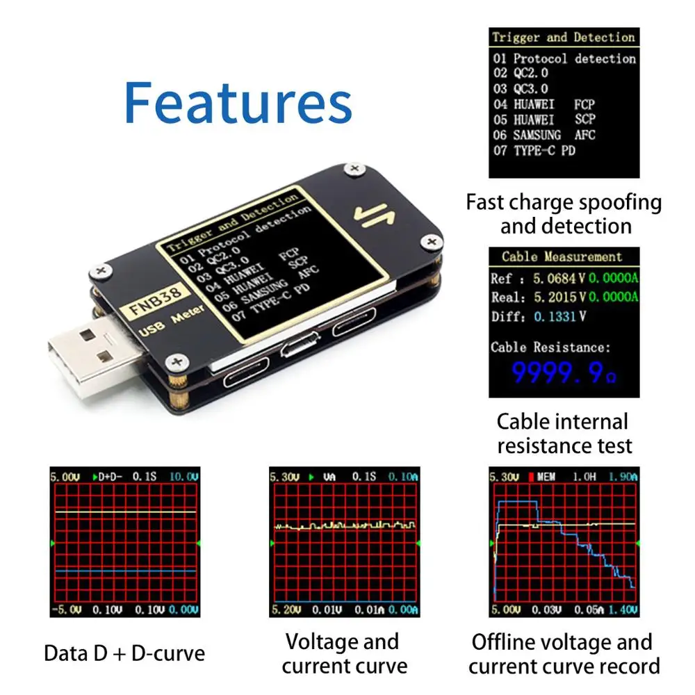 Imagem -03 - Corrente e Tensão Medidor Usb Tester Carregamento Rápido Protocolo Capacidade Teste Qc4 Mais Pd3.0 2.0 Pps Fnb38