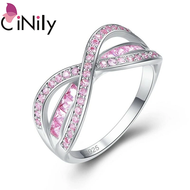 CiNily Pink & Rose Red Cosmic Line Filled Finger Rings Silver Plated CZ Crystal Stone Party Fully-Jewelled Sweet Cute Girl Women