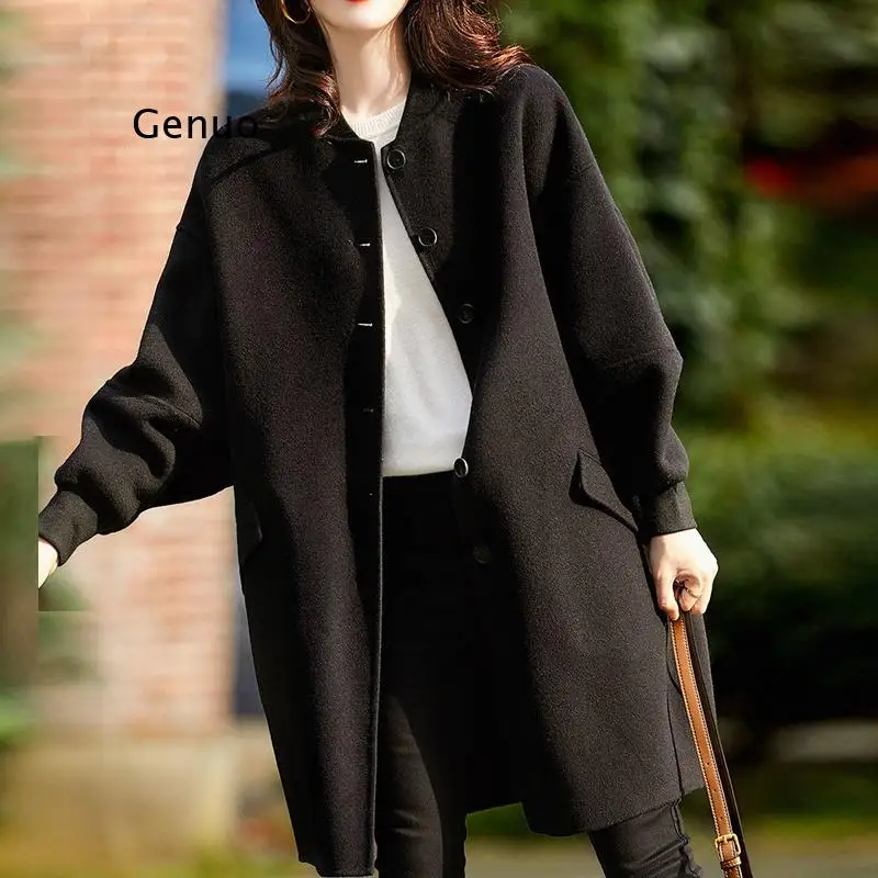 

Women Coat Winter Long Sleeve Warm Black Woolen Blends Oversize Female Overcoat Elegant Single Breasted Long Coat