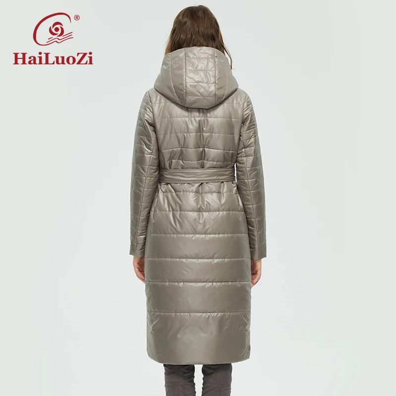 HaiLuoZi-Chaqueta larga hasta la rodilla para mujer, abrigo con cinturón, dobladillo Irregular, diseño abierto, Parka informal con capucha 73,