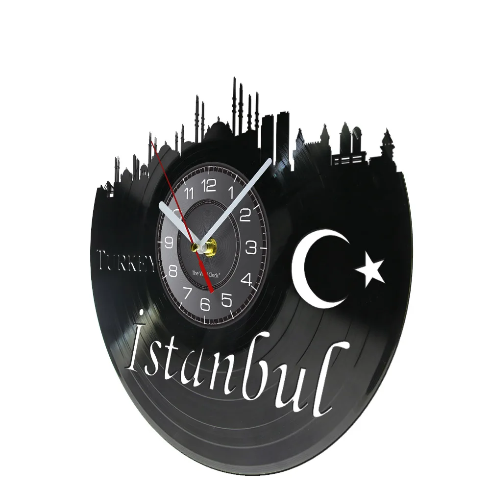 Istanbul Turkish City Skyline Vinyl Record Wall Clock Cityscape Home Office Decor Silent Watch Turkey Moon And Star Artwork