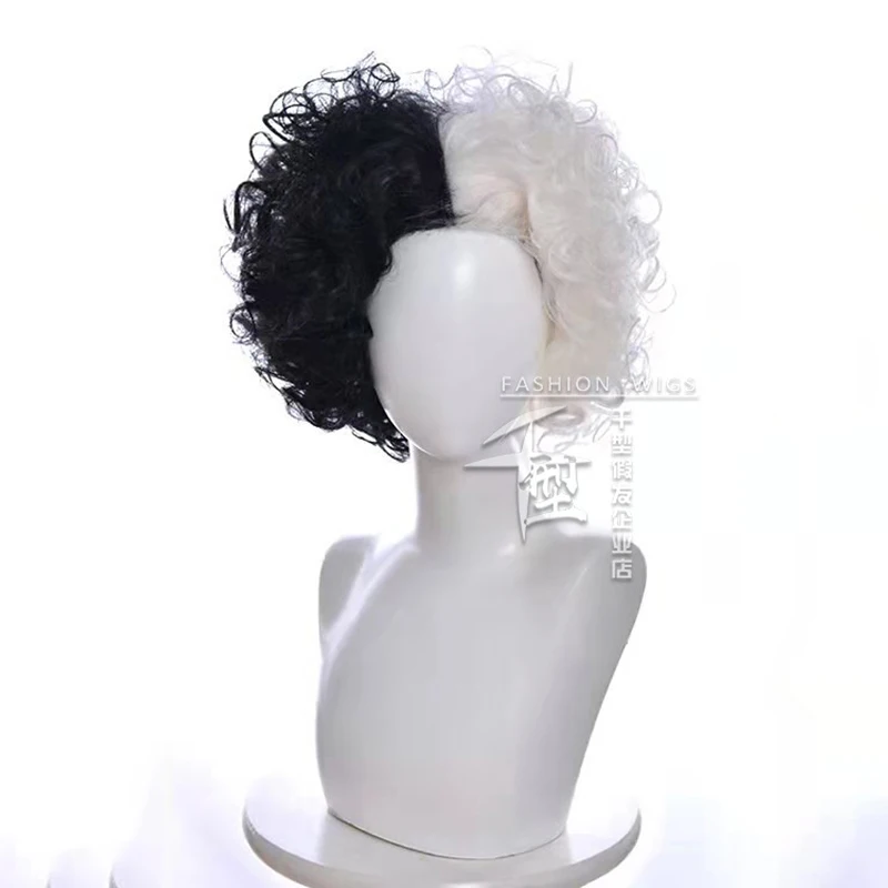 Peluca rizada de LA Cruella de Vil para mujer, pelo sintético resistente al calor, color blanco y negro, para fiesta, Cosplay