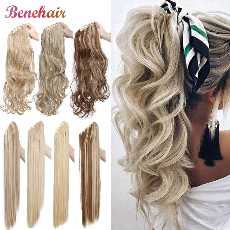 BENEHAIR Fake Ponytail Claw On Ponytail Long Wavy Clip In Hair Extension Hair Synthetic Hairpiece For Women Pony Tail Fake Hair