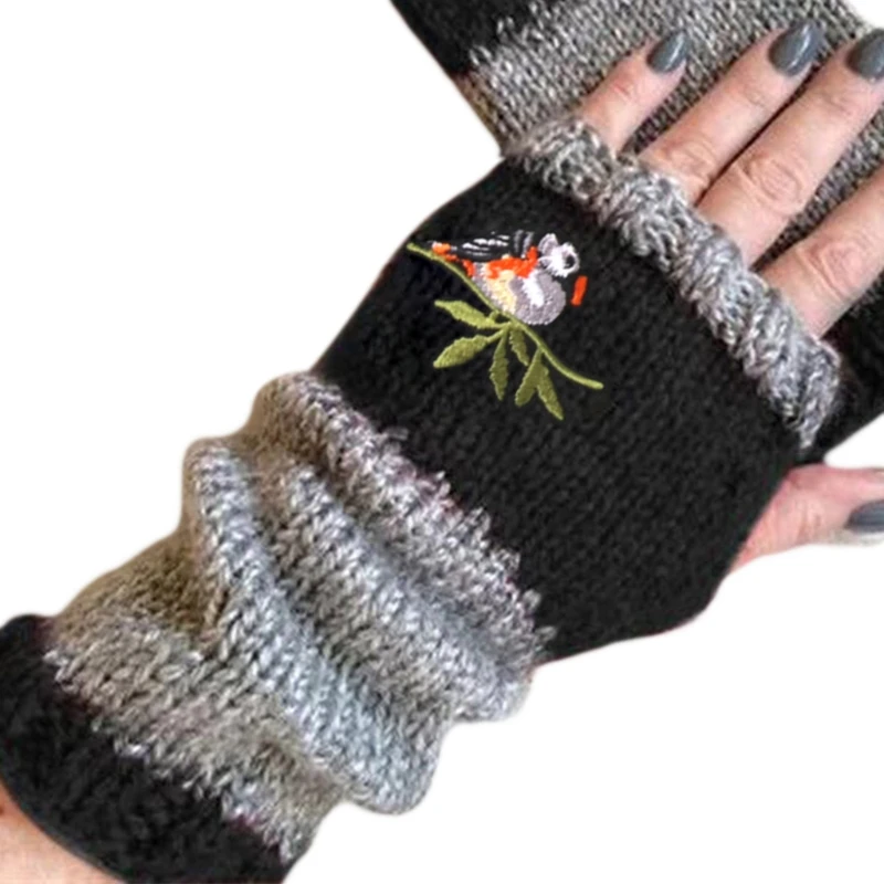 Women Winter Knitted Fingerless Gloves Bird Embroidered Color Block Splice Half 649C