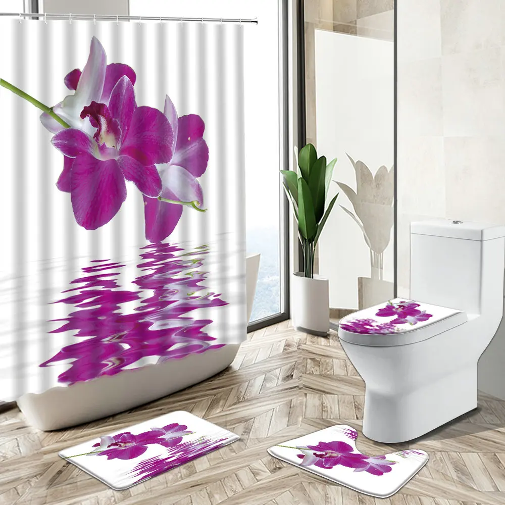 Flower Scenery Shower Curtain Orchid Sunflower Green Plant Leaf Water Reflection Design Home Decor Bath Mat Toilet Lid Cover Set