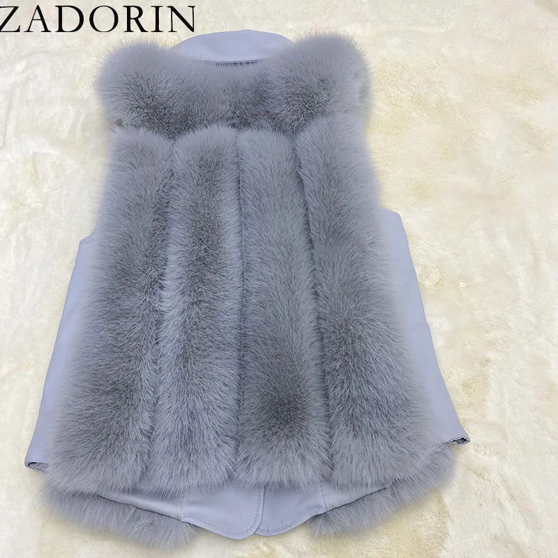 ZADORIN New Luxury Faux Fox Fur Vest Women Turn Down Collar Faux Leather Patchwork Cropped Faux Fur Coat Pink White Jacket