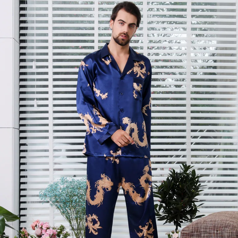 Couples 2PCS Pajamas Set Print Dragon Nightwear Casual Soft Home Clothes Shirt&pant Silky Satin Sleepwear Sleep Set Sexy Pijamas