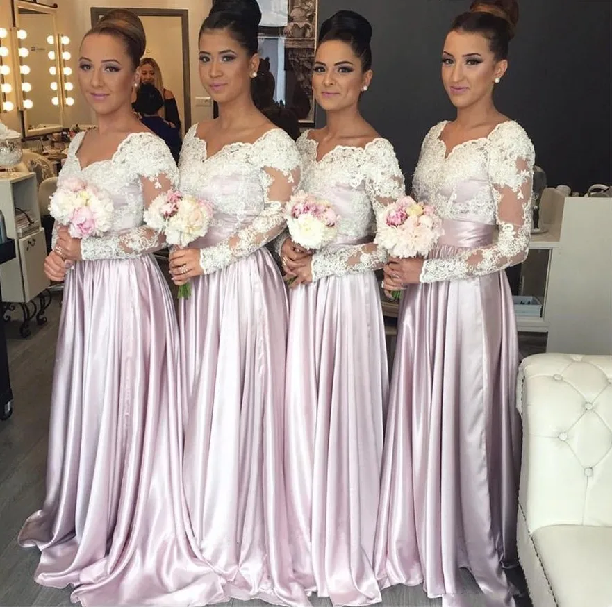 

2020 Sweetheart Appliques Long Elegant Arabic Maid of the Honor Dresses Light Pink Long Sleeves Lace Bodice Bridesmaid Dresses