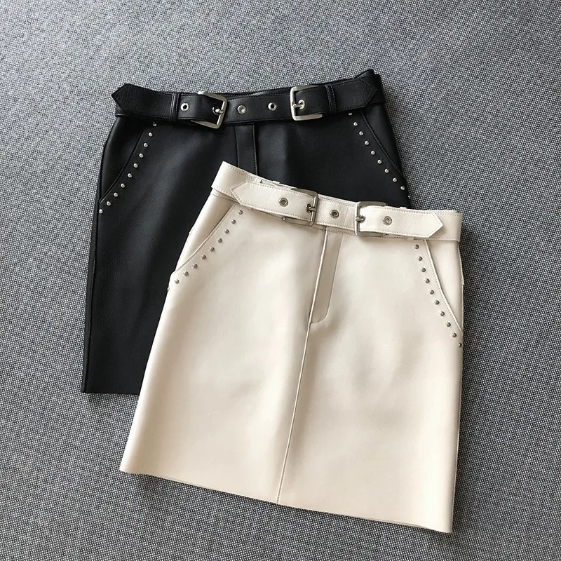 Sexy A-Line Slim Fit Wrap Skirt Women Sashes Rivet Pocket Sheepskin Genuine Leather Mini Skirt Street Punk White Black Skirts