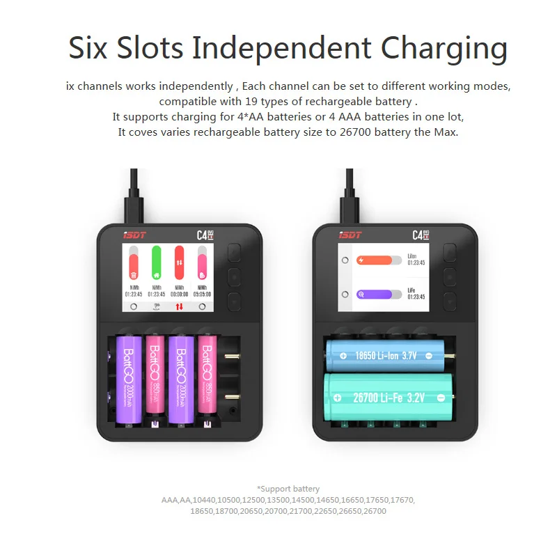 ISDT C4 EVO inteligentna ładowarka do akumulatora z wyjściem QC3.0 typu C do baterii AA AAA li-ion z ekranem IPS i zapobieganiem pożarom