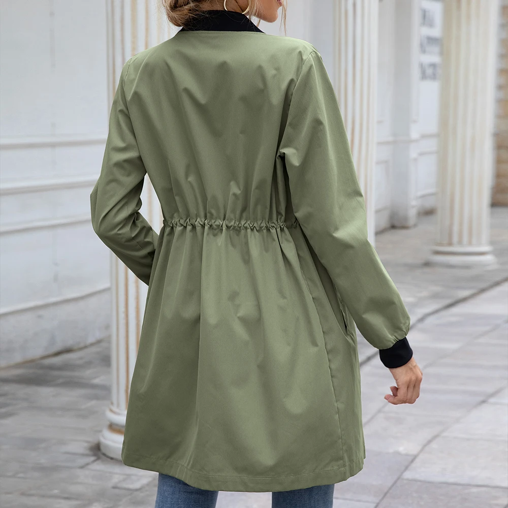 Women Outdoor Dust Coat Streetwear Slant Pocket Drawstring Waterproof Mid-length Trench Autumn Long Sleeve Stand Collar Cardigan