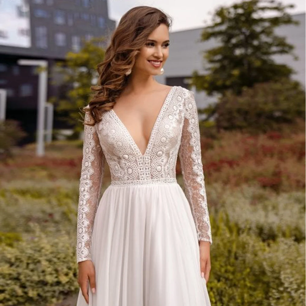 Abiti da sposa Sexy in Chiffon Boho scollo A V profondo maniche lunghe abito da sposa bohémien fluido Backless A Line Robe De Mariage