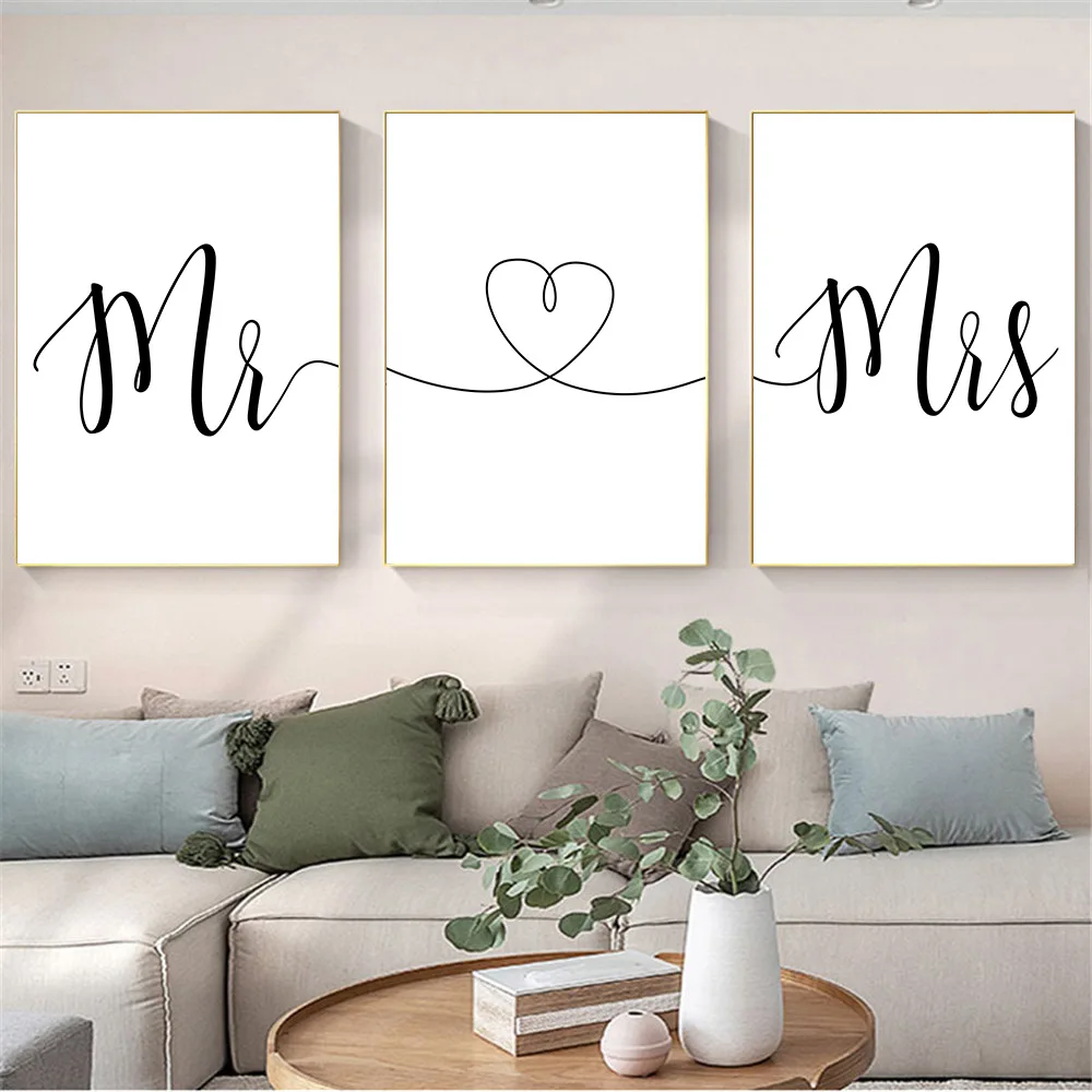 السيد Mrs القلب الخط المشارك طباعة أبيض وأسود الحد الأدنى الرسم على لوحات القماش الجدارية صور زوجين عاشق هدية ديكور المنزل #3