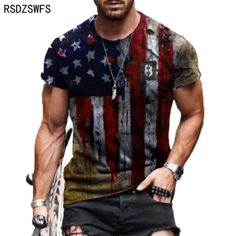 2021 Summer American Flag 3D Print Men Casual Fashion T-shirt Round Neck Loose Oversize Muscle Streetwear Clothing Man\'s Tshirts