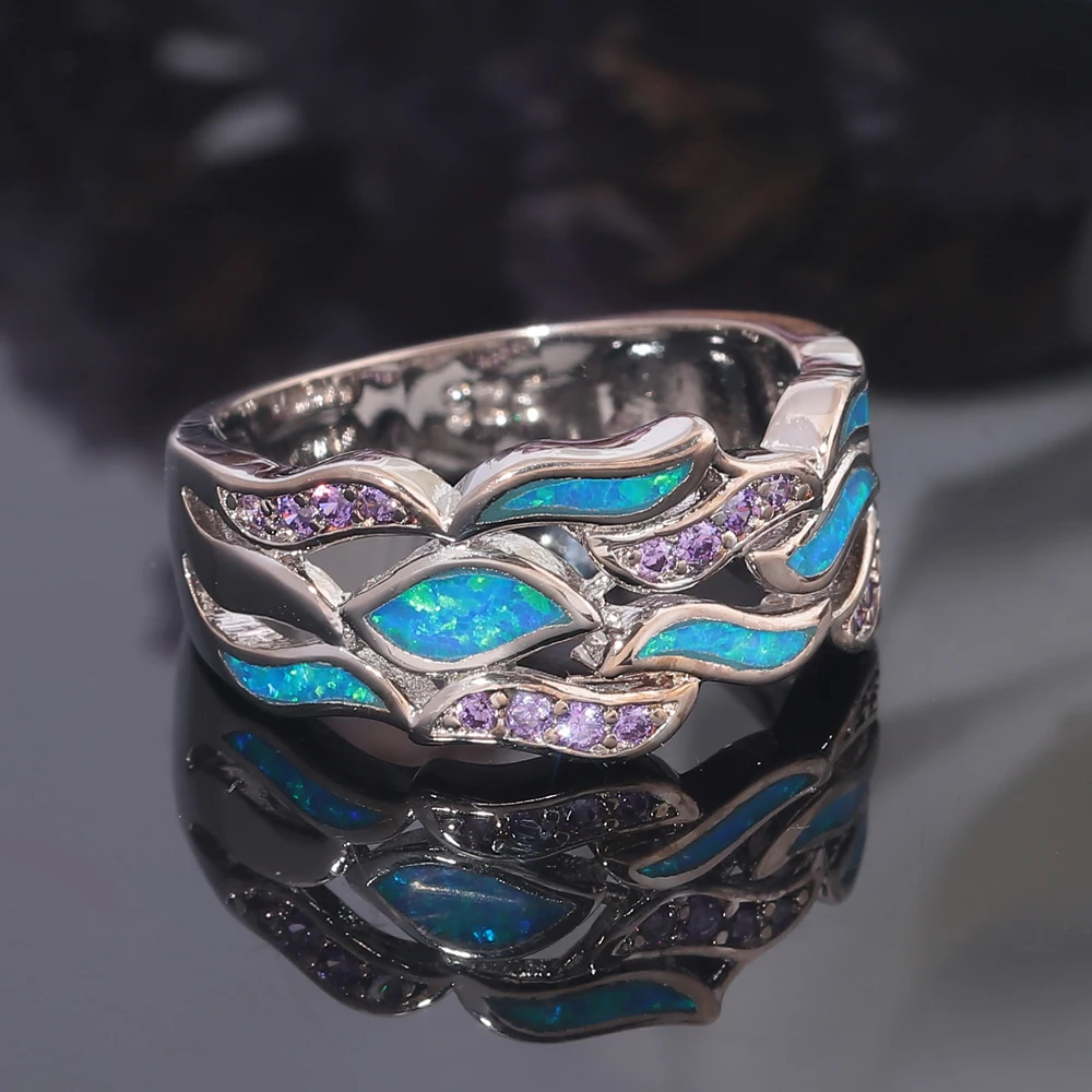 CiNily  Blue Fire Opal Wide Rings With Stone Silver Plated Lilac Ctystal Leafs Fallen Leaves Bohemia BOHO Jewelry Woman Gift