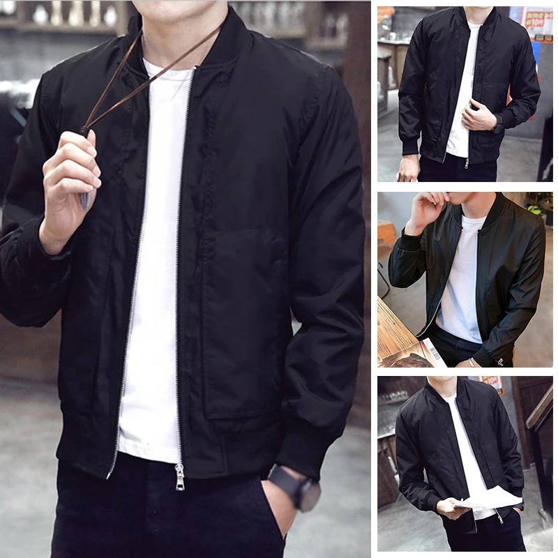 Autumn Bomber Jacket Men\'s Casual Zipper Jacket Coat Black Thin Slim Fit Stand Collar Long Sleeve Slim Outwear Clothing Tops