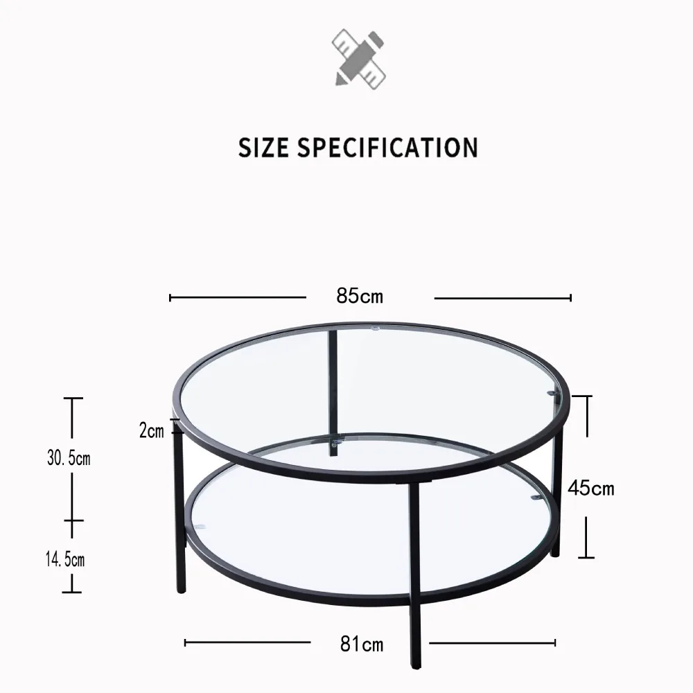 Coffee Side Table Round Classic Glass Surface with Large Storage Space for Living Room 85*85*45CM Modern Simplicity[US-Stock]